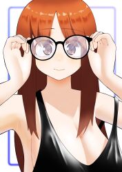 Rule 34 | 1girl, alternate costume, alternate hair length, alternate hairstyle, armpit crease, armpits, bespectacled, black camisole, breasts, brown eyes, brown hair, camisole, cleavage, closed mouth, commentary request, girls und panzer, glasses, highres, holding, holding removed eyewear, large breasts, long hair, mochi (mochiokomet), nishizumi miho, round eyewear, sleeveless, spaghetti strap, unworn eyewear