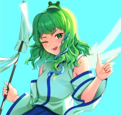 Rule 34 | ;d, blue background, blue skirt, c i an, collared shirt, commentary, detached sleeves, frog hair ornament, gohei, green eyes, green hair, hair ornament, highres, holding, holding gohei, kochiya sanae, long hair, long sleeves, looking at viewer, one eye closed, open mouth, shirt, skirt, sleeveless, sleeveless shirt, smile, snake hair ornament, touhou, unfinished dream of all living ghost, upper body, white shirt, white sleeves, wide sleeves, wings