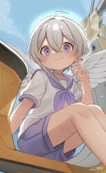 Rule 34 | 1boy, absurdres, angel wings, chinese commentary, closed mouth, commentary request, grey hair, hair between eyes, highres, looking at viewer, male focus, neckerchief, omurice (roza4957), original, purple eyes, purple neckerchief, purple sailor collar, purple shorts, sailor collar, school uniform, serafuku, shirt, short hair, short shorts, short sleeves, shorts, sitting, solo, white shirt, wings