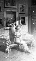 1girl angel angel_wings couch feet greyscale highres indoors looking_down monochrome original realistic sitting solo vlfdus_0 wings