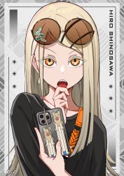 Rule 34 | 1girl, asterisk (symbol), black shirt, blonde hair, cellphone, character name, colored eyelashes, earrings, eyewear on head, gakuen idolmaster, goma (gogo gowa), grey background, hair ornament, hairclip, highres, holding, holding phone, idolmaster, jewelry, koukei (idolmaster), licking, licking own finger, long hair, orange eyes, phone, portrait, round eyewear, shinosawa hiro, shirt, smartphone, solo, sunglasses, tongue