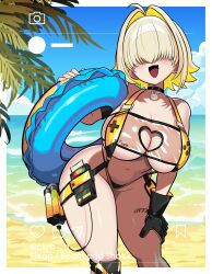 1girl absurdres ahoge black_choker black_gloves blue_sky blush breasts choker clothing_cutout cloud cloudy_sky commentary covered_eyes day elegg_(nikke) fanged_bangs gloves goddess_of_victory:_nikke hair_intakes hair_over_eyes heart_cutout highres holding holding_swim_ring huge_breasts innertube medium_hair navel okra_h one-piece_swimsuit open_mouth outdoors palm_tree rabbit_choker rabbit_ornament see-through_clothes see-through_one-piece_swimsuit single_glove sky smile solo stomach swim_ring swimsuit symbol-only_commentary thighs tree twitter_username two-tone_gloves yellow_one-piece_swimsuit