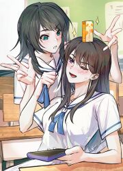 2girls absurdres anger_vein aqua_eyes bang_dream! bang_dream!_it&#039;s_mygo!!!!! black_hair blue_neckerchief blush cellphone chair chinese_commentary clothes_grab commentary_request desk hanasakigawa_school_uniform hero45439083942 highres holding holding_phone long_hair medium_hair milk_carton mole mole_under_eye multiple_girls neckerchief neckerchief_grab open_mouth phone purple_eyes sailor_collar school_chair school_desk school_uniform shiina_taki shirt short_sleeves smartphone sparkle white_background white_sailor_collar white_shirt yahata_umiri