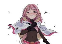 1girl absurdres belt belt_buckle black_gloves black_shirt blush bodystocking braid buckle clenched_hand clenched_hands clenched_teeth cloak commentary_request covered_navel cowboy_shot crop_top crying crying_with_eyes_open dot_nose floating_clothes gloves gold_buckle hair_through_hood highres hood hood_up hooded_cloak long_hair low_ponytail magia_record:_mahou_shoujo_madoka_magica_gaiden magical_girl mahou_shoujo_madoka_magica pink_belt pink_eyes pink_hair pink_skirt ponytail running sad shards shirt side_braids sidelocks simple_background skirt solo streaming_tears tamaki_iroha tears teeth turtleneck turtleneck_shirt twin_braids ultimate_magnum very_long_hair white_background white_cloak