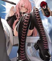 1girl 1other arknights black_boots black_jacket black_shoes black_shorts boots closed_mouth detached_wings halo hands_up holding_shoe jacket lemuen_(arknights) long_hair pink_hair pink_halo shoes shorts sitting unworn_shoes v-shaped_eyebrows wheelchair wings xssh