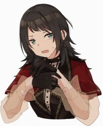 1girl absurdres bang_dream! bang_dream!_it&#039;s_mygo!!!!! black_hair blue_eyes capelet commentary_request earrings hanetsuka highres jewelry long_hair long_sleeves open_mouth red_capelet see-through_clothes see-through_sleeves shirt sidelocks simple_background solo sweatdrop timoris_(bang_dream!) upper_body white_background white_shirt yahata_umiri