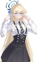 Rule 34 | 1girl, adjusting eyewear, akanora, alternate costume, artist name, black skirt, blonde hair, blue archive, blue halo, blue nails, blue ribbon, breasts, buttons, collared shirt, cowboy shot, diagonal-striped clothes, diagonal-striped necktie, double-breasted, earrings, hair intakes, hair ribbon, halo, hands up, high-waist skirt, highres, jewelry, long hair, long sleeves, medium breasts, nail polish, necktie, pleated skirt, ribbon, round eyewear, shirt, shirt tucked in, simple background, skirt, solo, sparkle, sparkling aura, striped clothes, suspender skirt, suspenders, toki (blue archive), twitter username, very long hair, white background, white shirt