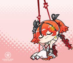 1girl :3 armpits arms_up asymmetrical_clothes black_ribbon breasts camellia camellya_(wuthering_waves) chibi chibi_only closed_eyes closed_mouth commentary_request dog-san dress flower flower_on_chest hair_between_eyes hair_ribbon hair_vines official_alternate_hair_color red_hair red_ribbon ribbon short_hair sideless_dress single_pantsleg small_breasts solo tacet_mark_(wuthering_waves) white_dress wuthering_waves
