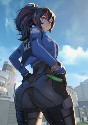 1girl ass black_gloves black_hair black_pants blue_jacket closed_mouth cowboy_shot earpiece from_behind game_screenshot_background gloves hands_on_own_hips high-waist_pants highres holster jacket multicolored_hair pants pedrost_art police police_uniform policewoman ponytail red_eyes red_hair screenshot_background shoulder_holster solo streaked_hair tight_clothes tight_pants zenless_zone_zero zhu_yuan