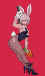 1girl absurdres animal_ears arm_up armpits battle_bunny_riven black_footwear black_leotard black_necktie boridongja breasts carrot covered_navel cuffs detached_collar fake_animal_ears full_body gloves grey_hair high_heels highres large_breasts league_of_legends leotard necktie pantyhose playboy_bunny rabbit_ears rabbit_paws rabbit_tail red_background riven_(league_of_legends) simple_background single_glove solo standing tail torn_clothes torn_pantyhose
