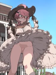 1girl ahoge blue_sky blush breasts cactus censored clothes_lift cloud counter:side cowboy_hat day dress dress_lift frilled_dress frills from_below glasses green_eyes gun hair_ornament handgun happening18 hat highres holding holding_gun holding_weapon large_breasts no_panties open_mouth outdoors pink_hair pussy rail_a revolver round_eyewear short_hair sky solo sylvia_lena_cooper thighs weapon