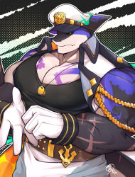 1boy artist_name bara black_sclera black_shirt capt._locke_(xxl) chinese_commentary closed_mouth coat colored_sclera commentary_request cross_scar dog_tags dorsal_fin fins fish_tail furry furry_male gloves hat highres jewelry male_focus multiple_scars muscular muscular_male necklace pectorals sailor_hat saund_r_pu scar scar_on_arm scar_on_tail shark_boy shark_fin shark_tail shirt signature sleeveless sleeveless_coat sleeveless_shirt tail white_gloves xxl_woofia yellow_eyes