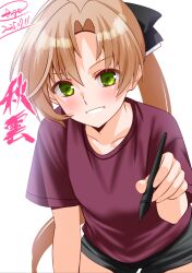 Rule 34 | 1girl, akigumo (kancolle), akigumo kai ni (kancolle), all fours, alternate costume, artist name, black shorts, brown hair, character name, commentary request, dated, engo (aquawatery), green eyes, grin, kantai collection, long hair, ponytail, purple shirt, shirt, shorts, simple background, smile, solo, stylus, t-srhit, white background