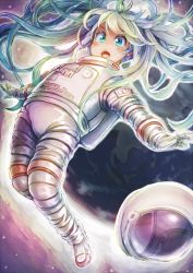 1girl blue_eyes blush female_focus hatsune_miku helmet long_hair saltydanshark solo space spacesuit star_(symbol) vocaloid zero_gravity