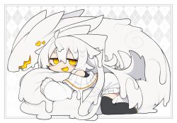 1girl ahoge animal_ears black_shirt black_thighhighs brown_shoes cardigan colored_tongue commentary_request creature dorodra_(kisaragi_kaya) dripping full_body hair_between_eyes hair_flaps half-closed_eyes kisaragi_kaya long_hair long_sleeves looking_at_viewer lying on_stomach open_mouth original shirt shoes sleeveless sleeveless_shirt sleeves_past_wrists slime_(substance) smile thighhighs very_long_hair white_cardigan white_hair yellow_eyes yellow_tongue
