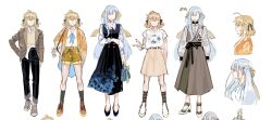 2girls anisphia_wynn_palettia black_dress black_pants black_ribbon black_shoes black_socks blonde_hair blue_hair blue_ribbon brown_jacket brown_shoes brown_socks brown_sweater closed_mouth collared_shirt contemporary dark_skin dress euphyllia_magenta fashion hair_ribbon high_heels highres jacket koyomania long_hair long_sleeves medium_hair multiple_girls neck_ribbon no_eyes orange_jacket orange_shoes orange_shorts pants plaid_clothes plaid_socks ribbon shirt shoes short_sleeves shorts skirt smile socks sweater tensei_oujo_to_tensai_reijou_no_mahou_kakumei v white_background white_shirt white_shoes yellow_ribbon yellow_skirt