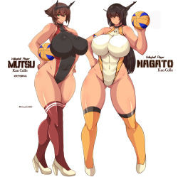 2girls absurdres ball black_hair breasts brown_hair gluteal_fold green_eyes high_heels highres huge_breasts kantai_collection leotard long_hair multiple_girls mutsu_(kancolle) nagato_(kancolle) notauchi_mawaru_ni-shiki red_eyes red_legwear short_hair sidelocks thick_thighs thighhighs thighs wide_hips yellow_legwear