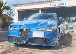 Rule 34 | alfa romeo, alfa romeo giulia, asai takashi, blue car, blue sky, branch, building, car, commentary, day, english commentary, highres, house, leaf, logo, mixed-language commentary, motor vehicle, multilingual commentary, no humans, original, outdoors, shadow, sign, signature, sky, sports car, tree, vehicle focus