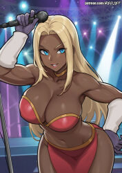 1girl arm_up artist_name black_gloves blonde_hair blue_eyes breasts dark-skinned_female dark_skin gen_1_pokemon gloves gyaru holding holding_microphone indoors jynx kogal large_breasts leaning_forward long_hair microphone navel nintendo pelvic_curtain personification pokemon purple_gloves redjet solo stadium stadium_lights stage_lights teeth very_long_hair watermark web_address