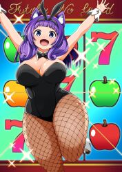 1girl 777 animal_ears arms_up black_leotard black_ribbon blue_eyes blunt_bangs breasts cleavage cowboy_shot dog_girl fang fishnet_pantyhose fishnets futoku_no_guild hair_ribbon highleg highleg_leotard highres hitamu_kyan large_breasts leotard long_hair looking_at_viewer magyo open_mouth pantyhose playboy_bunny raccoon_ears ribbon slot_machine smile solo standing thighs wrist_cuffs