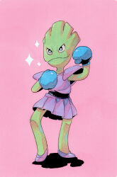 alternate_color arm_up boxing_gloves bright_pupils closed_mouth colored_skin commentary english_commentary fleebites full_body gen_1_pokemon green_skin highres hitmonchan nintendo no_humans pink_background pokemon pokemon_(creature) purple_footwear purple_shirt purple_skirt purple_tunic shiny_pokemon shirt shoes simple_background skirt smile sparkle standing traditional_media tunic white_pupils