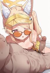 1boy 1girl ai-assisted animal_ear_fluff animal_ears blonde_hair blue_archive blush breasts bright_pupils brown-framed_eyewear censored completely_nude cross_halo dark-skinned_male dark_skin erection extra_ears fingernails fox_ears halo handjob highres jacket loli long_hair male_pubic_hair mosaic_censoring nipples nude official_alternate_costume official_alternate_hairstyle open_mouth partially_undressed penis pubic_hair punichuko purple_eyes seia_(blue_archive) seia_(swimsuit)_(blue_archive) side_ponytail sidelocks simple_background slit_pupils small_breasts solo_focus sorry_for_being_sexy_yuni visor_cap white_background white_pupils yellow_halo yellow_jacket