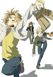 Rule 34 | 3boys, :d, ^ ^, arms up, atou haruki, bag, black jacket, blue pants, brown hair, brown shoes, brown socks, closed eyes, commentary request, green jacket, grey shirt, grey shoes, holding, holding bag, isoi reiji, jacket, lapels, multiple boys, natsumi (723type), notched lapels, open clothes, open jacket, open mouth, open shirt, pants, paper bag, saibou shinkyoku, shinano eiji, shirt, shoes, shopping bag, short hair, smile, socks, striped clothes, striped shirt, sweatdrop, upper body, vertical-striped clothes, vertical-striped shirt, white shirt, yellow shirt