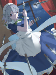 1girl absurdres apron blue_dress blue_eyes bow bowtie braid closed_mouth cloud collared_dress curtains dress frown green_bow green_bowtie grey_hair hair_between_eyes hair_bow highres holding holding_knife holding_weapon indoors izayoi_sakuya knife maid_headdress medium_hair moon night puffy_short_sleeves puffy_sleeves serious shiny_weapon short_sleeves side_braid sikakuinasu solo throwing_knife touhou twin_braids waist_apron weapon white_apron window