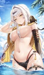 1girl absurdres aida_noa bikini bikini_bottom_only bird black_bikini black_bird black_sleeves blue_sky breasts cloud day detached_sleeves hair_censor hair_over_breasts highres jacket large_breasts long_hair looking_at_viewer navel ocean parted_lips single_sleeve sky solo stomach swimsuit thigh_strap wading white_hair yellow_eyes yellow_jacket yixuan_(zenless_zone_zero) zenless_zone_zero