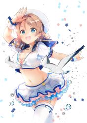 Rule 34 | 1girl, :d, animal, arm up, beret, bird, blue eyes, blue sailor collar, breasts, brown hair, bubble, cleavage, commentary request, cowboy shot, crop top, earrings, frills, hat, highres, jewelry, layered skirt, looking at viewer, love live!, love live! sunshine!!, medium breasts, midriff, miniskirt, navel, necklace, open mouth, peke (xoxo melon), sailor collar, shirt, short hair, short sleeves, skirt, smile, solo, sparkle, stomach, thighhighs, twitter username, watanabe you, white hat, white shirt, white skirt, white thighhighs, wrist cuffs, zettai ryouiki