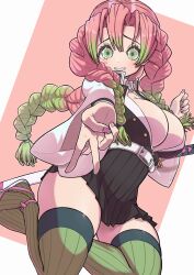 Rule 34 | 1girl, absurdres, belt, black skirt, braid, breasts, cleavage, commentary request, demon slayer uniform, gradient hair, green eyes, green hair, green thighhighs, haori, highres, jaguarsee, japanese clothes, kanroji mitsuri, kimetsu no yaiba, large breasts, long hair, looking at viewer, mole, mole under each eye, mole under eye, multicolored hair, multiple braids, multiple moles, outstretched arm, partially unbuttoned, pink hair, pleated skirt, revision, ribbed thighhighs, sheath, sheathed, skirt, solo, teeth, thighhighs, tri braids, v, weapon, whip sword, white belt