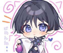 Rule 34 | 1boy, animal, animalization, black cat, black hair, blunt ends, blush, bright pupils, cat, chibi, closed mouth, eyeliner, eyeshadow, food, fruit, genshin impact, hand up, heart, highres, holding, holding animal, holding food, holding fruit, jairosan, japanese clothes, kariginu, lavender melon (genshin impact), layered sleeves, long sleeves, looking at viewer, makeup, male focus, notice lines, outline, person and animalization, pink outline, purple eyes, purple sleeves, red eyeliner, red eyeshadow, scaramouche (cat) (genshin impact), scaramouche (genshin impact), scaramouche (kabukimono) (genshin impact), translation request, white background, white pupils, white sleeves, wide sleeves, wispy bangs
