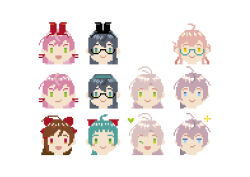 ahoge akashi_(kancolle) animal_ears aoba_(kancolle) brown_hair glasses green_hair grey_hair head_only irako_(kancolle) kantai_collection kinugasa_(kancolle) kinugasa_kai_ni_(kancolle) long_hair looking_at_viewer low_twintails makigumo_(kancolle) mamiya_(kancolle) ojipon ooyodo_(kancolle) pink_hair pixel_art rabbit_ears red_eyes simple_background twintails white_background