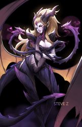 1girl absurdres alternate_costume alternate_hair_color animal_ears armor artist_name bangs_pinned_back bare_shoulders blonde_hair breastplate breasts claws cleavage collarbone crossed_arms dragon dragon_ears dragon_girl dragon_horns dragon_sorceress_zyra dragon_tail dragon_wings eyelashes female_focus finger_to_mouth forehead_jewel hand_up highres horns large_breasts league_of_legends legs_apart lips long_hair low_wings makeup mascara medium_breasts monster_girl navel one_eye_closed parted_lips ponytail purple_eyes purple_lips scales shoulder_spikes slit_pupils smile solo spikes spread_wings steve_zheng stomach tail thigh_gap very_long_hair wings zyra