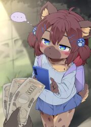 1boy 1futa ahoge animal_ear_fluff animal_ears backpack bag beads blue_skirt blue_sweater blurry blurry_background brown_hair cellphone dagasi fake_tail furry furry_female furry_male futanari hair_beads hair_between_eyes hair_ornament hairclip highres holding holding_money holding_phone hyena_ears hyena_girl hyena_tail loli money original outdoors phone pleated_skirt prostitution purple_bag short_hair skirt sweater tail
