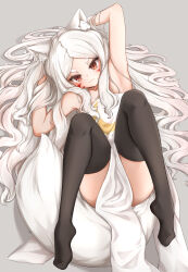 absurdres animal_ear_fluff animal_ears armpits arms_behind_head bare_arms black_choker black_thighhighs blush choker commentary crescent_print dress facial_mark fox_ears fox_girl fox_tail from_above full_body gem grey_background hand_in_own_hair hands_in_hair highres large_tail legs_up long_hair looking_at_viewer lying on_back red_eyes sewayaki_kitsune_no_senko-san shiro_(sewayaki_kitsune_no_senko-san) short_eyebrows smile sr_(takutaku525mi) strapless strapless_dress tail thick_eyebrows thighhighs very_long_hair whisker_markings white_hair