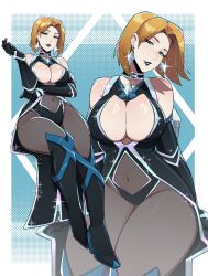 1girl aneurysm_ax black_boots black_gloves black_lips blonde_hair blue_eyes boots breasts choker cleavage earrings elbow_gloves emma_frost gloves highres jewelry large_breasts leotard lipstick looking_at_viewer makeup marvel marvel_rivals navel see-through_clothes short_hair smile solo thick_thighs thighs x-men
