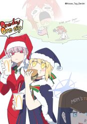 Rule 34 | ahoge, american flag, artoria pendragon (fate), baseball cap, black gloves, black hair, black santa costume, blonde hair, blue archive, blue eyes, blush, braid, breasts, burger, cape, christmas, costume combination, cup, disposable cup, dress, drinking straw, eating, english text, fate/grand order, fate (series), florence nightingale (fate), florence nightingale (santa) (fate), food, fujimaru ritsuka (female), fujimaru ritsuka (female) (decisive battle chaldea uniform), fur-trimmed cape, fur-trimmed headwear, fur trim, gloves, halo, hat, highres, holding, house tag denim, jacket, large breasts, long hair, long sleeves, looking at viewer, mcdonald&#039;s, mom&#039;s touch, multiple girls, no mask, official alternate costume, orange eyes, orange hair, pink hair, red eyes, red hat, ribbon, saber alter, santa alter, santa costume, santa hat, saori (blue archive), short hair, solo, striped ribbon, united states, white dress, white gloves, white jacket, yellow eyes