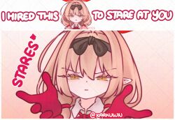 Rule 34 | 1girl, black hairband, blonde hair, blue archive, chinatsu (blue archive), collared shirt, commentary, dress shirt, english commentary, english text, gloves, hairband, halo, hands up, i have hired x to stare at you (meme), long hair, looking at viewer, low twintails, meme, neck ribbon, pointy ears, portrait, reaching, reaching towards viewer, red gloves, red halo, red ribbon, ribbon, shirt, solo, twintails, twitter username, watermark, white shirt, xarkuwn, yellow eyes