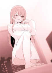 1girl :d arm_under_breasts billionaire_program blurry blurry_background border breasts cleaver commentary_request dot_nose fingernails foot_out_of_frame hair_between_eyes hand_up highres indoors isemi_rukako large_breasts light_blush long_hair long_sleeves looking_down monochrome no_pants open_mouth pink_theme robe second-party_source shiromikan side_part single_bare_foot smile solo stepping swept_bangs toenails white_robe