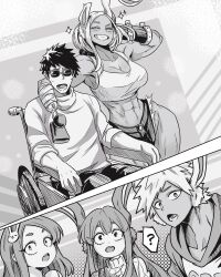 2boys 3girls ? abs absurdres amputee animal_ears arm_around_shoulder arm_behind_head asymmetrical_ears bandages boku_no_hero_academia breasts camisole cleavage commentary_request couple crop_top crossover dark-skinned_female dark_skin deltoids double_amputee family good_end greyscale grin happy hetero highres if_they_mated implied_after_sex large_breasts medium_hair mirko monochrome multiple_boys multiple_girls mumen_rider muscular muscular_female notched_ear one-punch_man prosthesis prosthetic_hand rabbit_ears rabbit_girl siblings sleeves_rolled_up smile spanish_commentary speech_bubble spoken_question_mark stump_cover sunglasses sweater thick_thighs thighs turtleneck turtleneck_sweater vlizzyvlizz117 wheelchair wide_hips