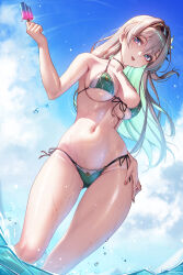 1girl absurdres alternate_costume bikini black_hairband blue_sky bowlp breasts colored_inner_hair commentary english_commentary firefly_(honkai:_star_rail) food from_below green_bikini grey_hair hairband highres holding holding_food holding_popsicle honkai:_star_rail honkai_(series) large_breasts multicolored_hair navel ocean outdoors popsicle purple_eyes revision sky solo stomach swimsuit tongue tongue_out wet