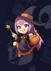 Rule 34 | blue eyes, boots, chibi, costume, gie-chan (jiggie), halloween, halloween bucket, hat, jigsaw puzzle, long hair, mateus upd, pink hair, puzzle, skirt, wand, witch, witch hat