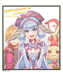 1boy 1girl :3 :d blonde_hair blue_eyes breasts cape cleavage gloves hat head_wings hey_cre highres melia_antiqua nopon open_mouth red_vest riki_(xenoblade) shulk_(xenoblade) silver_hair smile v vest w white_background white_gloves wings xenoblade_chronicles_(series) xenoblade_chronicles_1