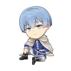 Rule 34 | 1boy, absurdres, black boots, blue eyes, blue hair, blue jacket, boots, chibi, cloak, closed mouth, full body, goom (goomyparty), green eyes, grey cloak, hair between eyes, highres, himmel (sousou no frieren), hood, hood down, hooded cloak, jacket, knee up, long sleeves, looking at viewer, male focus, mole, mole under eye, pants, simple background, sitting, smile, solo, sousou no frieren, white background, white pants