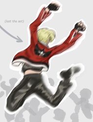 1girl arms_up blonde_hair celebration english_text fatal_fury fatal_fury:_city_of_the_wolves fingerless_gloves garou:_mark_of_the_wolves gloves jacket jumping legs pants rock_howard shirt short_hair snk the_king_of_fighters thighs victory_pose