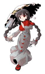 Rule 34 | 1girl, ajirogasa, alphes (style), black hair, black sandals, braid, buttons, capelet, clothes writing, commentary request, dairi, dress, frilled capelet, frilled hat, frills, full body, grey dress, hair tie, hat, large variant set, long hair, long sleeves, parody, puffy long sleeves, puffy sleeves, red capelet, red socks, sandals, snow, socks, solo, style parody, tabi, tachi-e, touhou, transparent background, tsurime, twin braids, variant set, yatadera narumi