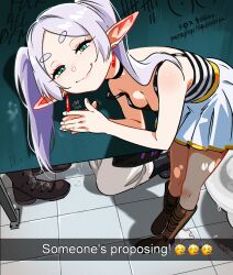 2girls black_boots black_camisole black_choker boots breasts brown_boots camisole choker clapping closed_mouth commentary cum earrings elf english_commentary english_text fern_(sousou_no_frieren) frieren half-closed_eyes highres implied_fellatio indoors jewelry kneeling leaning_forward long_hair looking_at_viewer motion_lines multiple_girls own_hands_together parted_bangs patreon_username pleated_skirt pointy_ears pregnancy_test public_restroom purple_hair skirt small_breasts smirk snegovski sousou_no_frieren standing strap_slip tally thick_eyebrows tile_floor tiles toilet toilet_paper toilet_stall twintails two-tone_camisole very_long_hair white_camisole white_skirt