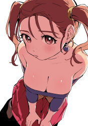 1girl absurdres bare_shoulders breasts cleavage commentary_request dragon_quest dragon_quest_viii earrings from_above hair_pulled_back hair_tubes hands_on_own_knees highres jessica_albert jewelry large_breasts looking_at_viewer looking_up miyama_(kannsannn) off_shoulder orange_eyes orange_hair parted_lips purple_shirt red_skirt shirt skirt solo sphere_earrings twintails white_background yellow_corset