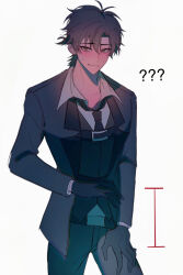 1boy ? ?? absurdres antenna_hair belt black_belt black_gloves black_hair black_jacket black_necktie black_pants blush brown_eyes cheng_xiaoshi chest_belt chinese_commentary collared_shirt cowboy_shot gloves grey_vest harness highres jacket looking_at_viewer male_focus necktie official_alternate_costume open_collar pants parted_lips ponytail qianmo_saya shiguang_dailiren shirt short_hair short_ponytail simple_background smile solo sweat sweatdrop vest white_background white_shirt
